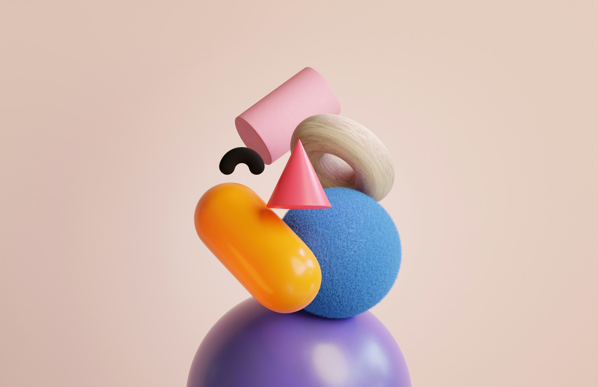 An abstract sculpture of a face made out of unusual objects.